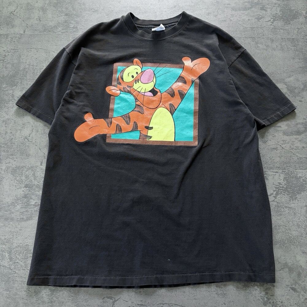 Vintage Disney Winnie Pooh Tigger Tee Black Graphic XL Big Face Box Logo Tee
